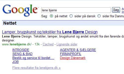 Lene Bjerre Design sitelinks på Google
